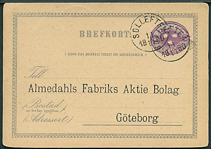 6 öre helsagsbrevkort fra Sollefteå d. 11.11.1880 til Göteborg.