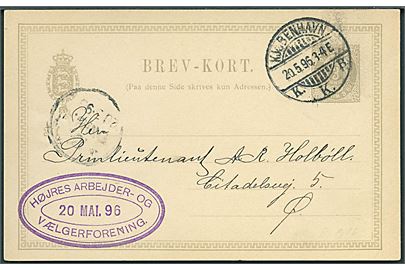 3 øre helsagsbrevkort sendt lokalt i Kjøbenhavn d. 20.5.1896. Ovalt stempel: Højres Arbejder- og Vælger Forening d. 20.5.1896.