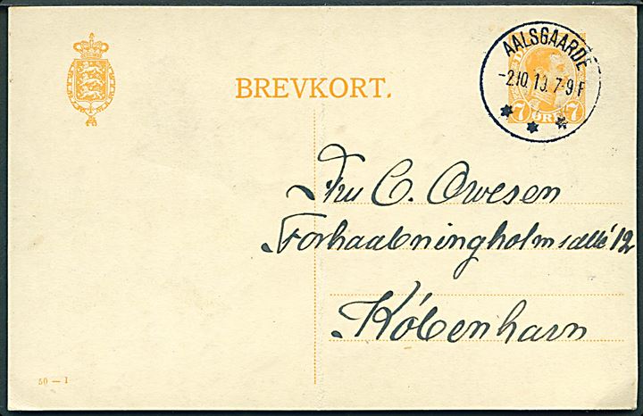 7 øre Chr. X helsagsbrevkort (fabr. 50-I) annulleret med brotype IIIb Aalsgaarde d. 2.10.1919 til København. Fold.
