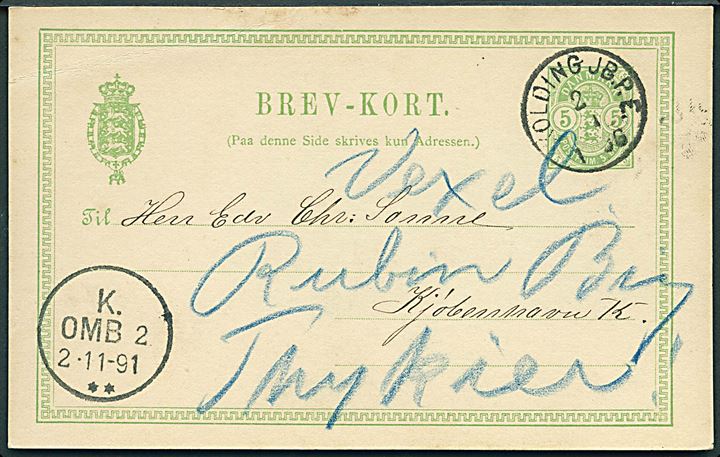 5 øre Våben helsagsbrevkort annulleret med lapidar Kolding JB.P.E. d. 2.11.1891 til Kjøbenhavn.