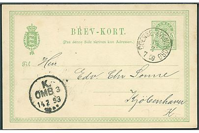 5 øre Våben helsagsbrevkort fra Svendborg annulleret med lapidar bureaustempel Odense - Svendborg d. 13.2.1893 til Kjøbenhavn.