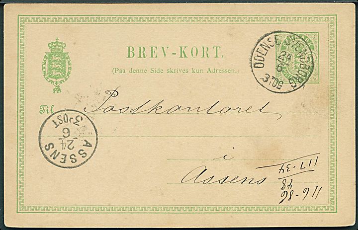 5 øre Våben helsagsbrevkort fra Svendborg annulleret med lapidar bureaustempel Odense - Svendborg d. 24.6.1891 til Assens.