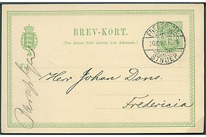 5 øre Våben helsagsbrevkort annulleret med bureaustempel Fredericia - Struer T.274 d. 30.10.1902 til Fredericia.