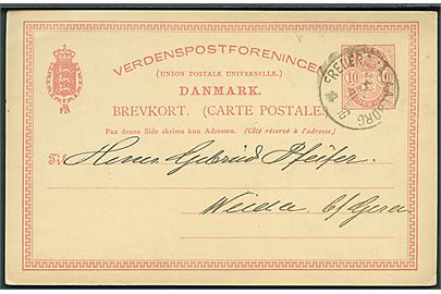 10 øre Våben helsagsbrevkort fra Aalborg annulleret med lapidar bureaustempel Fredericia - Aalborg d. 5.11.1890 til Weide, Tyskland.