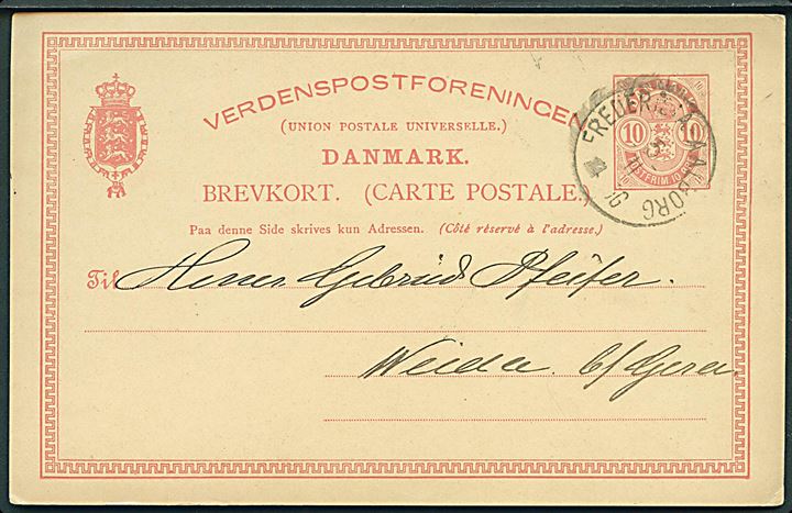 10 øre Våben helsagsbrevkort fra Aalborg annulleret med lapidar bureaustempel Fredericia - Aalborg d. 5.11.1890 til Weide, Tyskland.