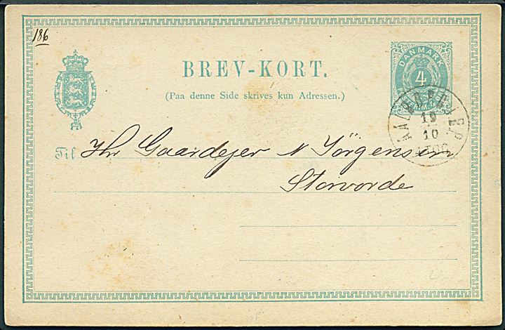 4 øre helsagsbrevkort annulleret med lapidar Aalborg J.B.P. d. 19.10.1889 til Storvorde.