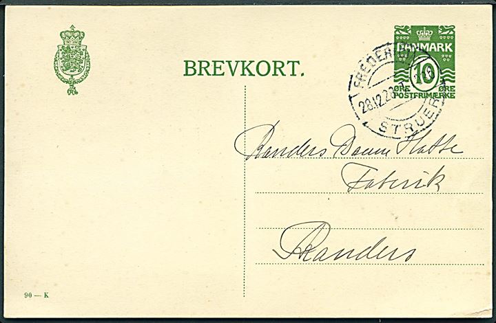 10 øre helsagsbrevkort (fabr. 90-K) dateret Hjerm og annulleret med bureaustempel Fredericia - Struer T.1036 d. 28.12.1928 til Randers.