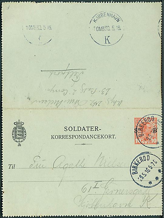 10 øre Chr. X Soldater-korrespondancekort stemplet Birkerød d. 29.5.1916 til København. Fra soldat i 28. Bat. 2. Komp. med afsenderangivelse Feltpost. Iflg. indhold skal bataljonen flytte til Sydfronten en af de nærmeste dage.