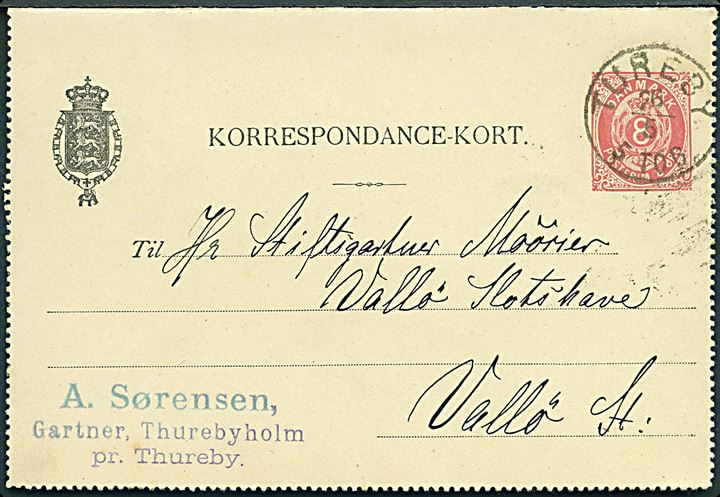 8 øre helsags korrespondancekort med lapidar Tureby d. 26.5.1894 til Vallø.