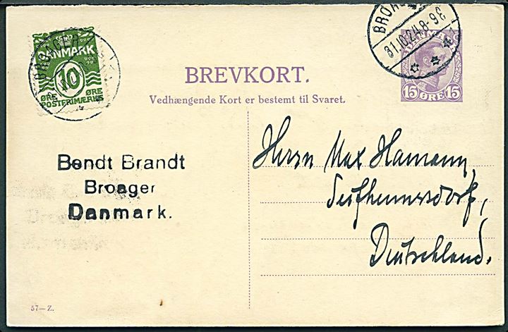 15 øre Chr. X spørgedel af dobbelt helsagsbrevkort (fabr. 57-Z) opfrankeret med 10 øre Bølgelinie annulleret med brotype IVb Broager sn1 d. 31.10.1924 til Tyskland.