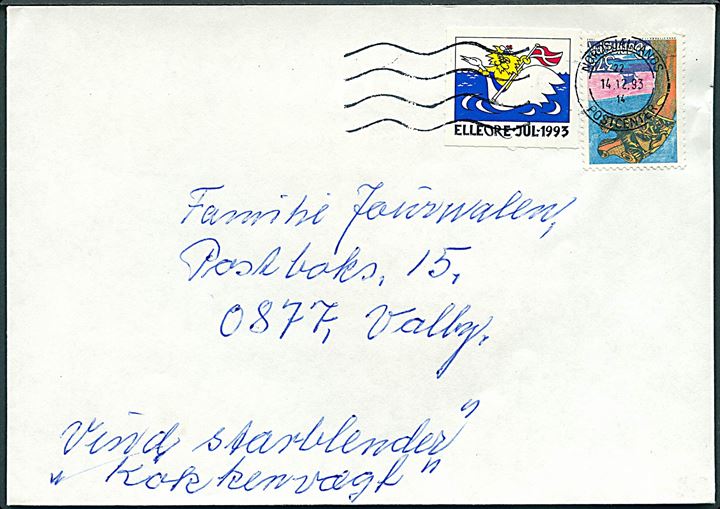 3,75 kr. Børn på Mærkerne og Elleore Julemærke 1993 på brev fra Farum stemplet Nordsjællands Postcenter d. 14.12.1993 til Valby.