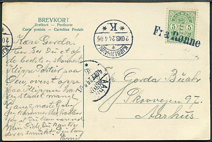 5 øre Våben på brevkort annulleret med skibsstempel Fra Rønne sidestemplet Kjøbenhavn d. 24.4.1906 til Aarhus.