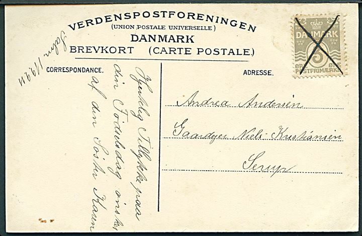 3 øre Bølgelinie på lokalt brevkort (Sønder Søen, Viborg) dateret Salm (?) d. 11.9.1911 og annulleret med blæk kryds til Serup.