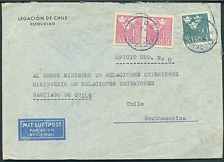 90 öre og 1,20 kr. (par) Tre Kroner på fortrykt kuvert fra den chilenske legation sendt som luftpost fra Stockholm d. 23.10.1945 til Santiago, Chile. 