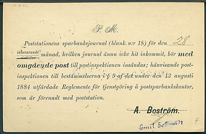 Ufrankeret postsags brevkort med blåt stemplet Postinspektionen W. D. d. 30.9.1891 til postanstalten i Fritsla