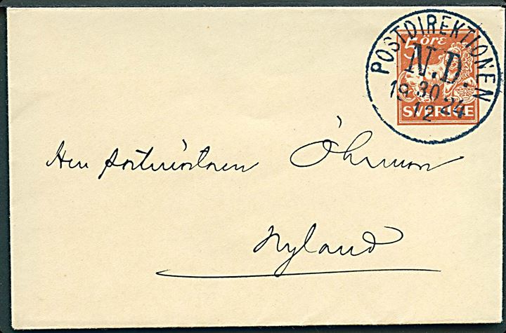 5 öre helsags tryksagskuvert stemplet Postdirektion N.D. d. 30.12.1924 til Nyland. 