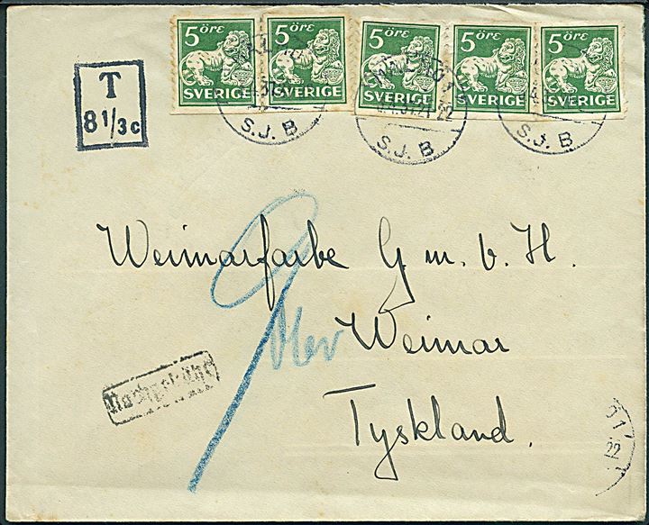 5 öre Løve (5) på underfrankeret brev fra Malmö S.J.B. d. 3.4.1937 til Weimar, Tyskland. Portostempel T 8 1/3 c..