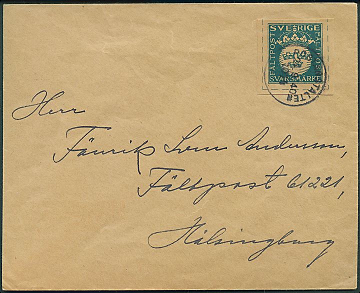 Fältpost svarmærke på brev annulleret Postanstalten 1014 (= Hälsingborg) d. 24.9.1940 til soldat ved fältpost 61221, Hälsingborg.