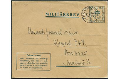 Militärbrev stemplet Fältpost Nr. 7 d. 6.8.1940 til Malmö. Uden svarmærke.