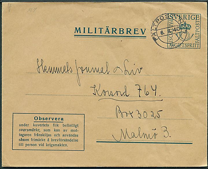 Militärbrev stemplet Fältpost Nr. 7 d. 6.8.1940 til Malmö. Uden svarmærke.
