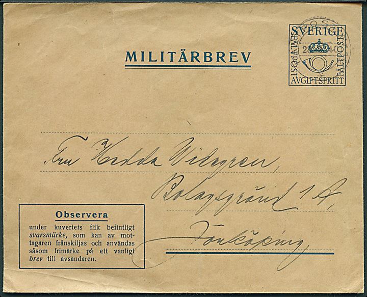 Militärbrev stemplet Fältpost Nr. 10 d. 28.12.1940 til Jönköping. Uden svarmærke.