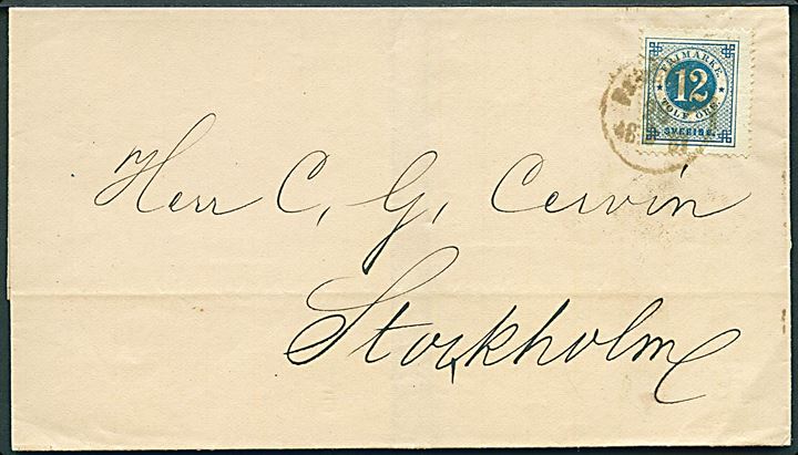 12 öre Ringtype på brev annulleret med svagt bureaustempel d. 28.2.1881 til Stockholm.