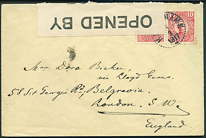 10 öre Gustaf i parstykke på brev fra Karlshamn d. 1.3.1917 til London, England. Åbnet af britisk censur no. 1111.