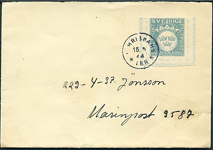 Fältpost Svarmärke på brev fra Simrishamn d. 15.5.1944 til soldat ved Marinepost 3587 = Spärrfartyget Egil.