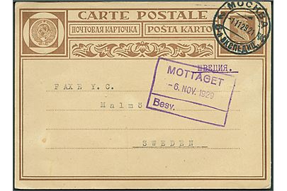 7 kop helsagsbrevkort fra Moskva d. 11.11.1929 til Malmö, Sverige.