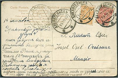 1 kop. og 3 kop. Våben på brevkort fra Archangelsk d. 14.10.1910 til Maasi på den estiske ø Ösel. 