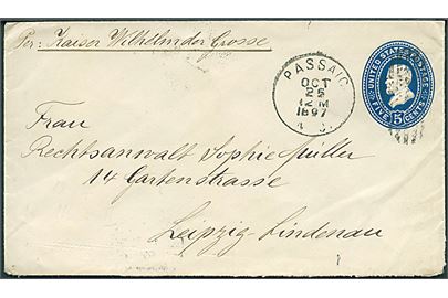 5 cents Lincoln helsagskuvert fra Passaic d. 25.10.1897 via New York til Leipzig, Tyskland. Påskrevet skibsnavn: pr. Kaiser Wilhelm der Grosse.