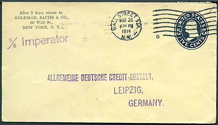 5 cents helsagskuvert fra Wall Street Station, New York d. 20.3.1914 til Leipzig, Tyskland. Skibsstempel: S/S Imperator.