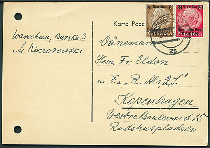 6 gr./3 pfg. og 24 gr./12 pfg. Deutsches Post Osten på brevkort fra Warszawa d. 22.12.1939 til København, Danmark. Uden censur. 2 arkiv huller.