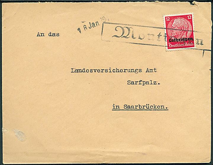 12 pfg. Lothringen på brev annulleret med rammestempel Montingen d. 16.1.1941 til Saarbrücken.