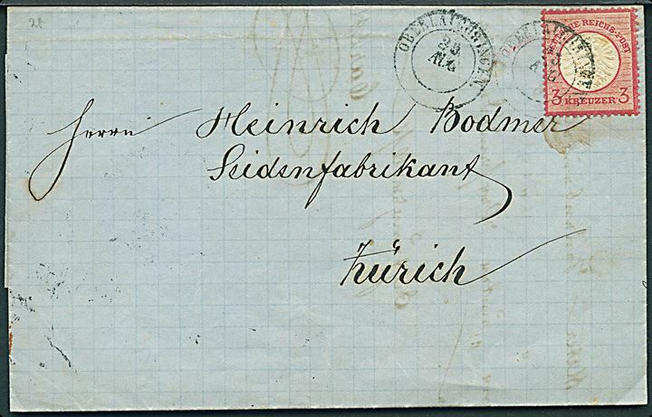 3 kr. Stort Brystskjold på brev fra Oberlauchingen d. 23.8.1873 via Waldshut til Zürich, Schweiz.
