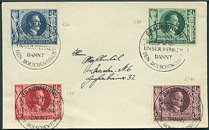 Hitler fødselsdags udg. på brev annulleret med særstempel Braunau / Unser Führer bannt den Bolschewismus d. 20.4.1943 til Dresden.