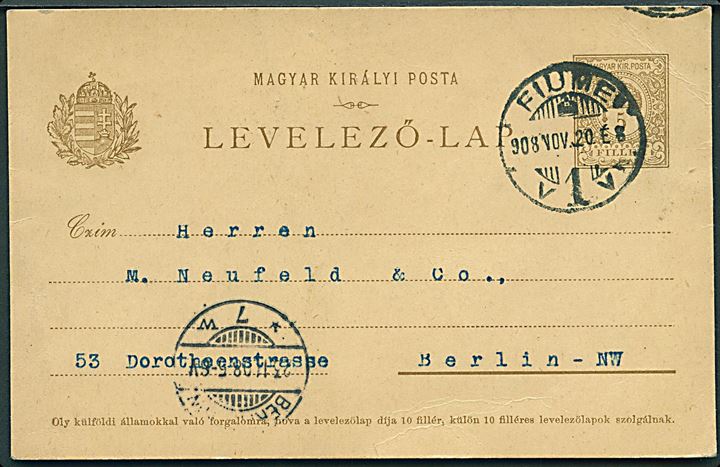 5 f. helsagsbrevkort stemplet Fiume d. 20.11.1908 til Berlin, Tyskland.