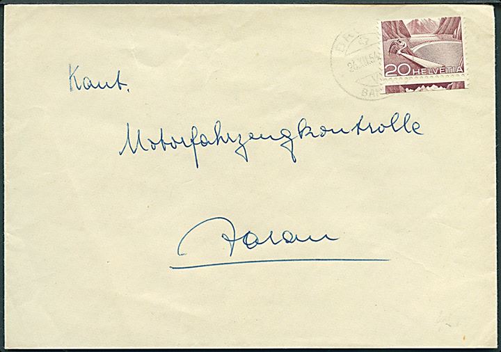 20 c. skævt ståret automatmærke på brev fra Bru... d. 26.7.1954 til Aarau.