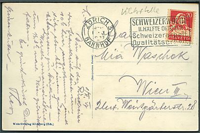 20 c. Wilhelm Tell med tydelig automatafskæring på brevkort fra Zürich d. 1.10.1927 til Wien, Østrig.