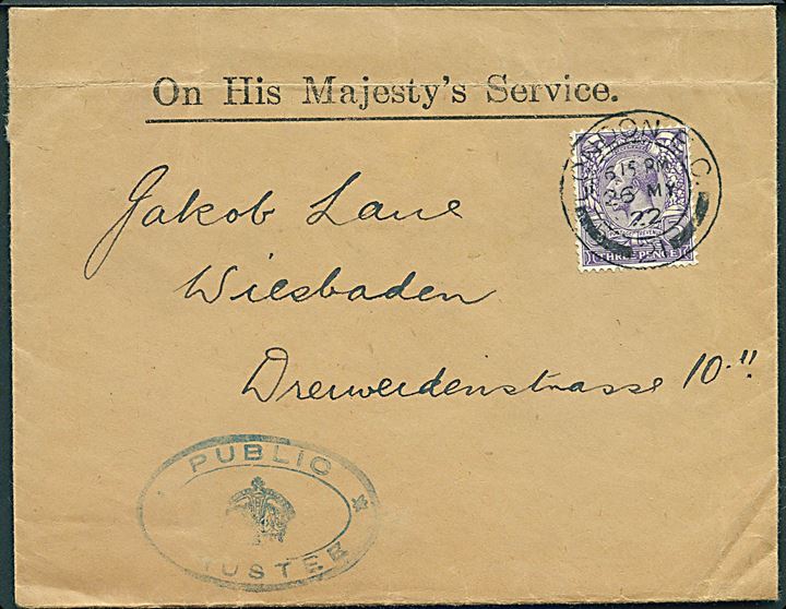 3d George V på tjenestebrev fra London d. 26.5.1922 til Wiesbaden, Tyskland.