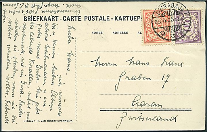 2½ c. og 10 c. Ciffer på brevkort fra Soerabaja d. 26.11.1929 til Schweiz.
