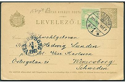 5 f. helsagsbrevkort opfrankeret med 5 f. fra Kolozsvar d. 15.9.1903 til Wernersborg, Sverige.