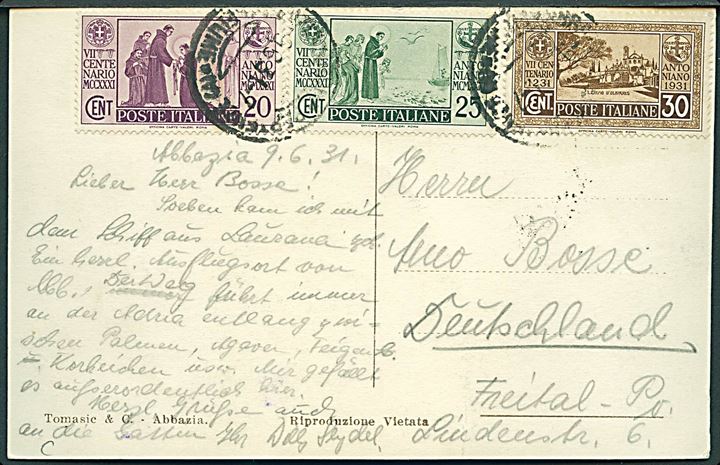 20 c., 25 c. og 30 c. på brevkort fra Abbazia, Fiume d. 9.6.1931 til Freital, Tyskland.