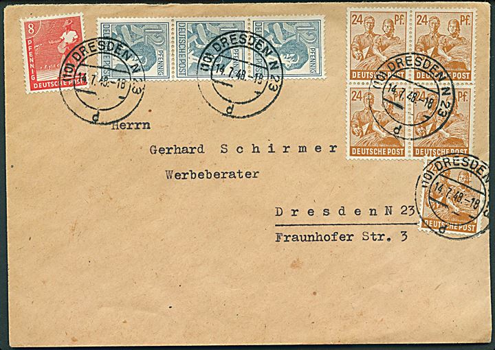Russisk zone. 164 pfg. blandingsfrankeret 10-fach lokalbrev i Dresden d. 14.7.1948. 