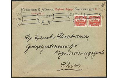 10 øre rød Kronborg Slot på brev fra København d. 27.4.1921 til Skive. Mærkerne med perfin P.05 - Petersen & Albeck.