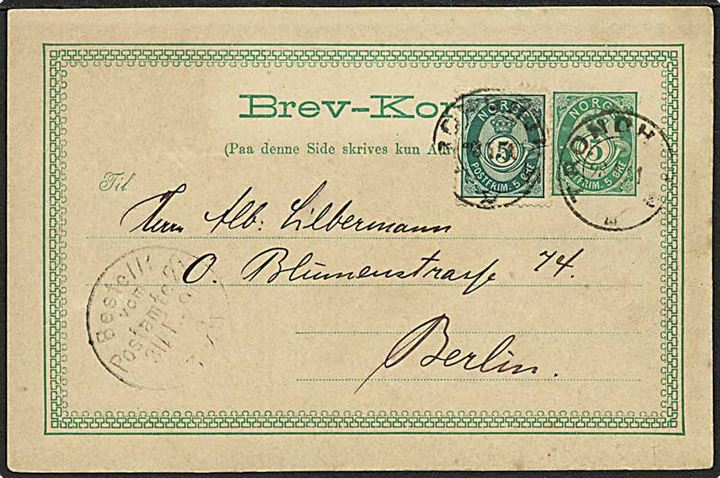 5 øre helsagsbrevkort opfrankeret med 5 øre Posthorn fra Trondhjem d. 28.1.1891 til Berlin, Tyskland.