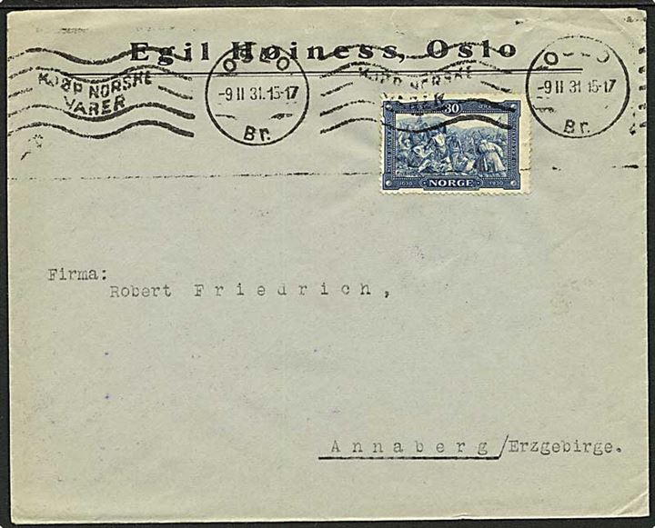 30 øre Hellig Olav single på brev fra Oslo d. 9.2.1931 til Annaberg, Tyskland.