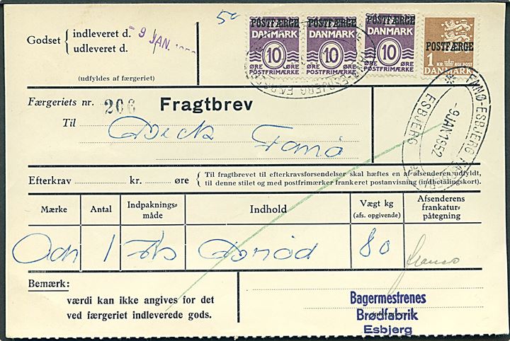 10 øre Bølgelinie (3) og 1 kr. Rigsvåben Postfærgemærke på fragtbrev fra Esbjerg d. 9.1.1952 til Fanø.