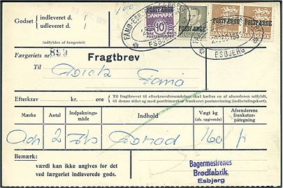 10 øre Bølgelinie, 50 øre Fr. IX og 1 kr. Rigsvåben (2) Postfærgemærke på fragtbrev fra Esbjerg d. 20.12.1951 til Fanø.