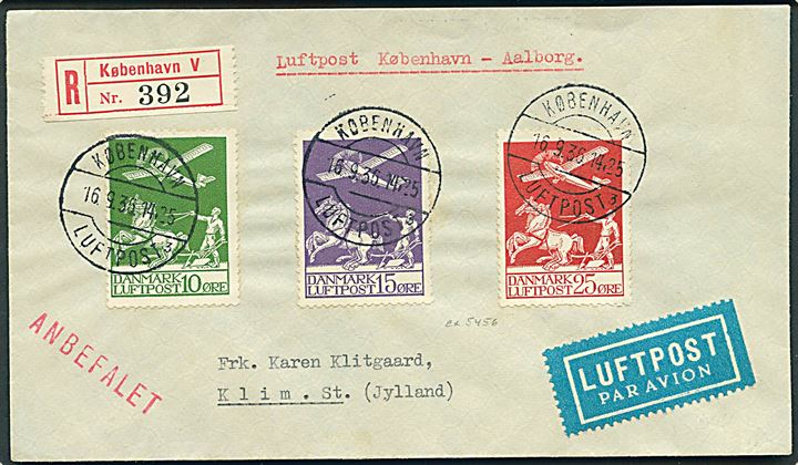 10 øre, 15 øre og 25 øre Luftpost på anbefalet luftpostbrev annulleret København Luftpost sn3 d. 16.9.1936 via Aalborg til Klim.